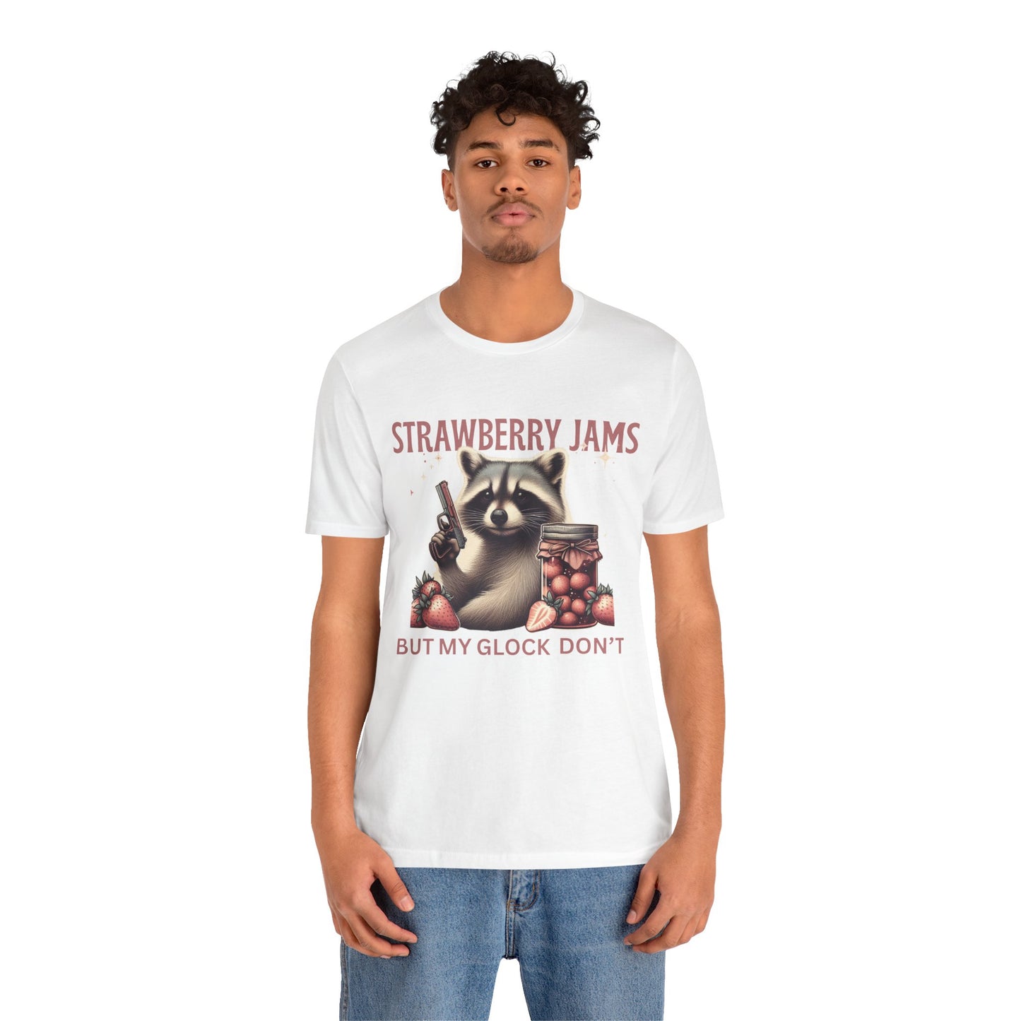 Strawberry Jams But My Glock Don’t – Funny Raccoon Gun T-Shirt