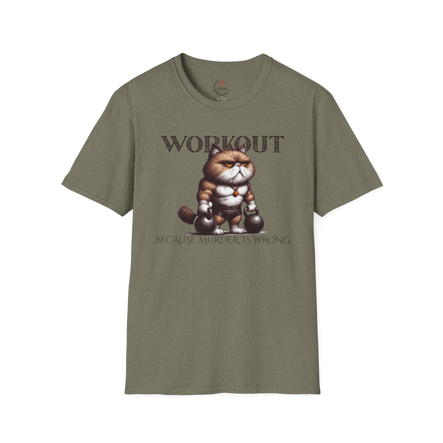 Workout Cat T-Shirt – “Because Murder Is Wrong” Funny Gym Tee