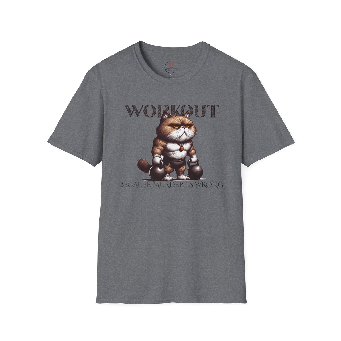 Workout Cat T-Shirt – “Because Murder Is Wrong” Funny Gym Tee