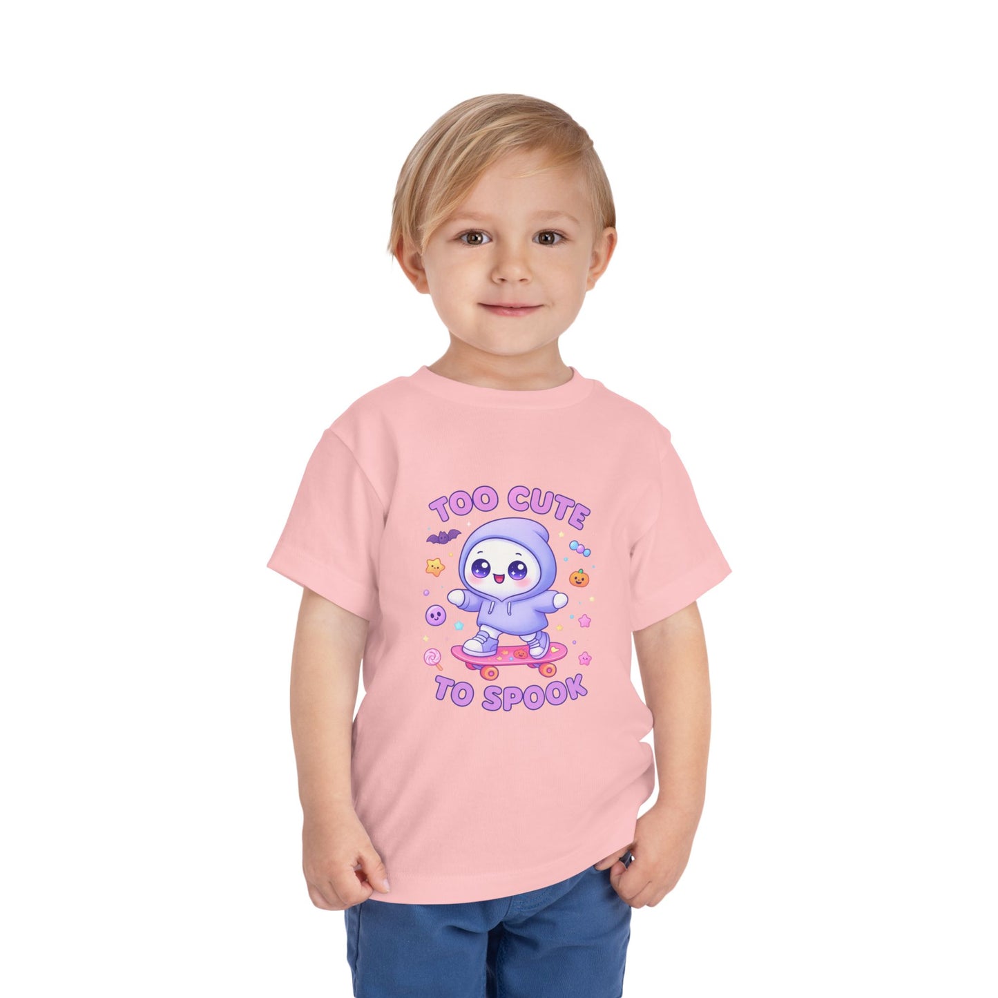 Too Cute To Spook Toddler Short Sleeve Tee – Kawaii Ghost Skateboard Halloween Shirt