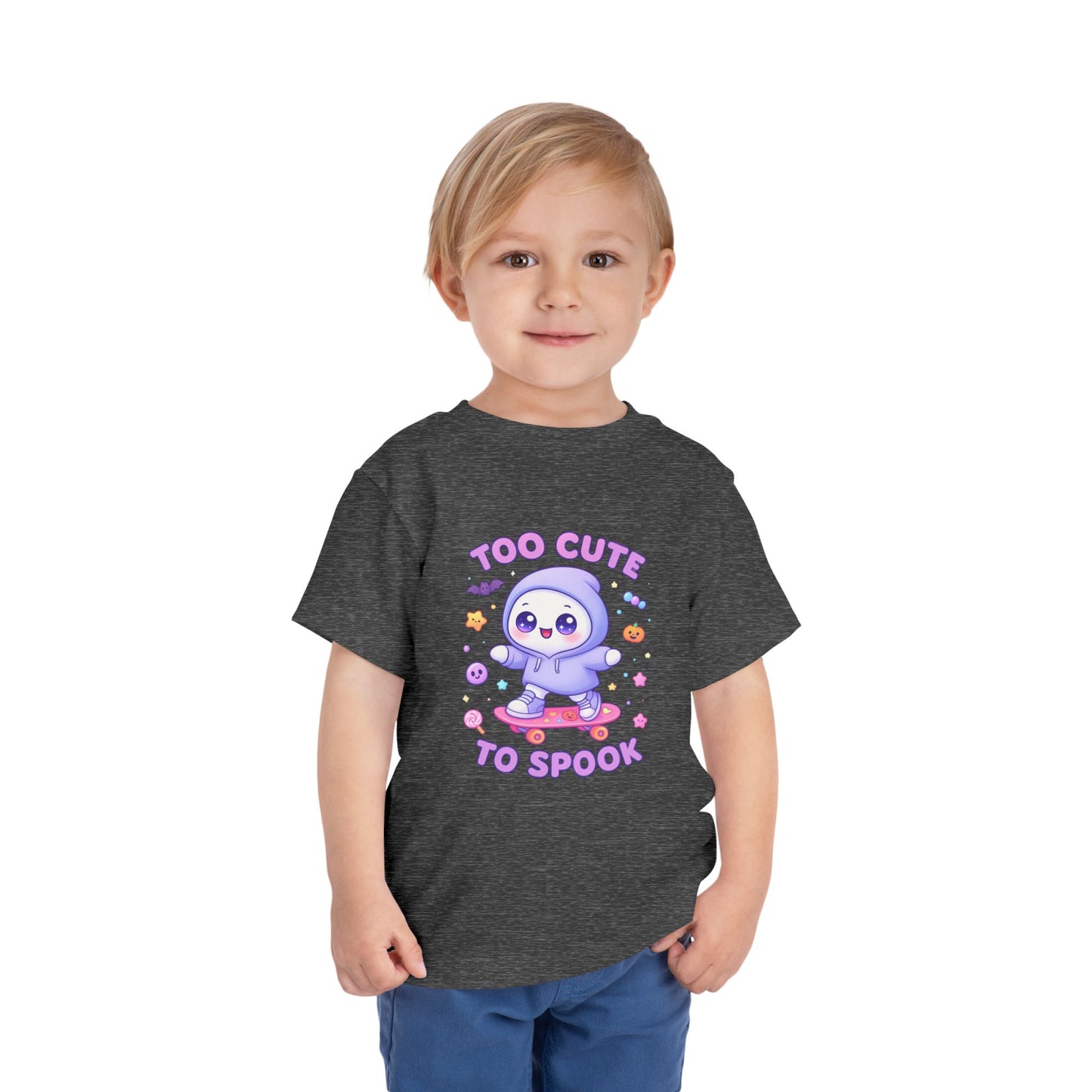 Too Cute To Spook Toddler Short Sleeve Tee – Kawaii Ghost Skateboard Halloween Shirt