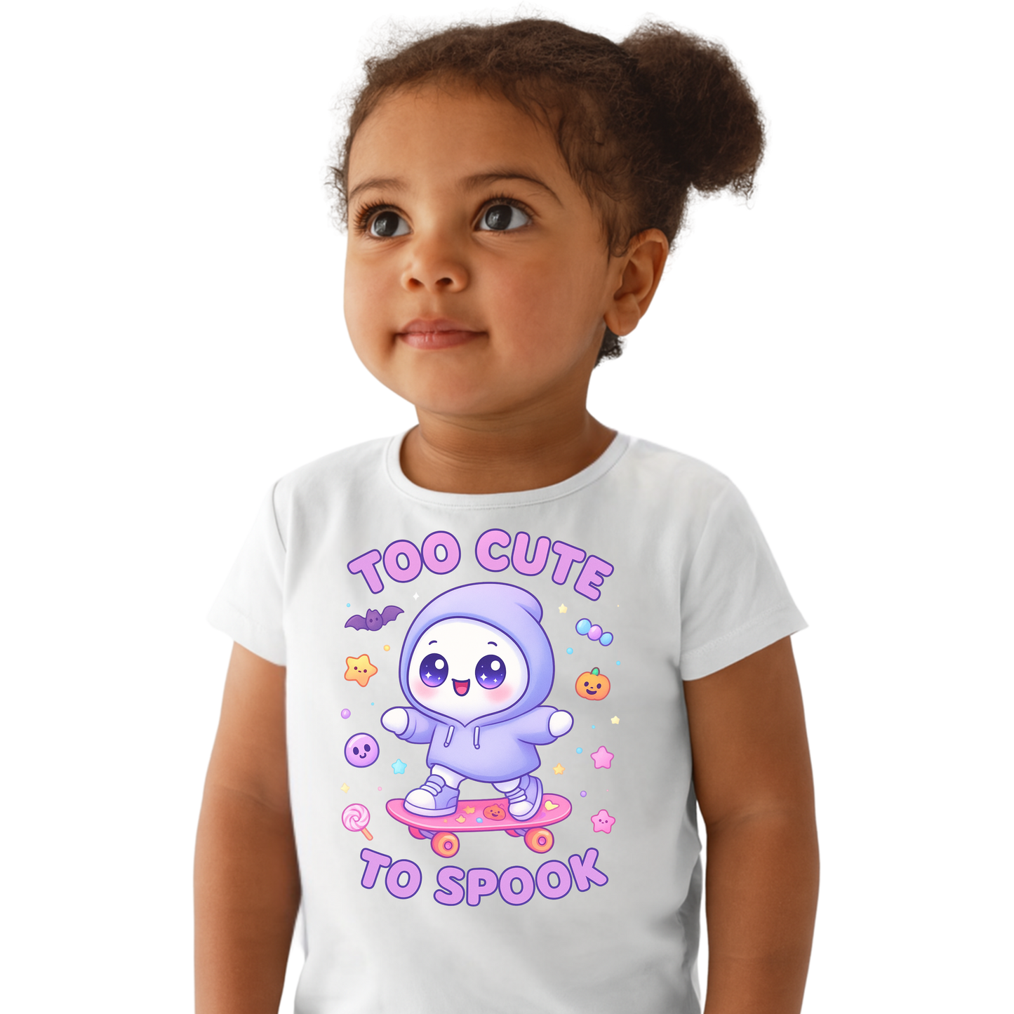 Too Cute To Spook Toddler Short Sleeve Tee – Kawaii Ghost Skateboard Halloween Shirt
