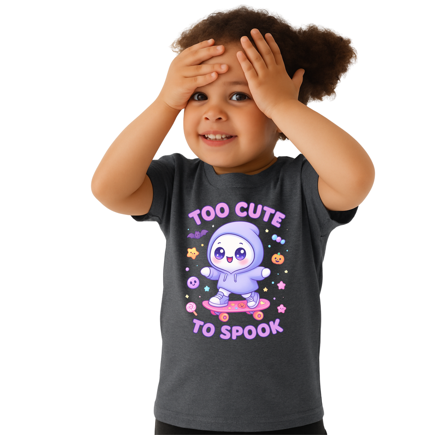 Too Cute To Spook Toddler Short Sleeve Tee – Kawaii Ghost Skateboard Halloween Shirt