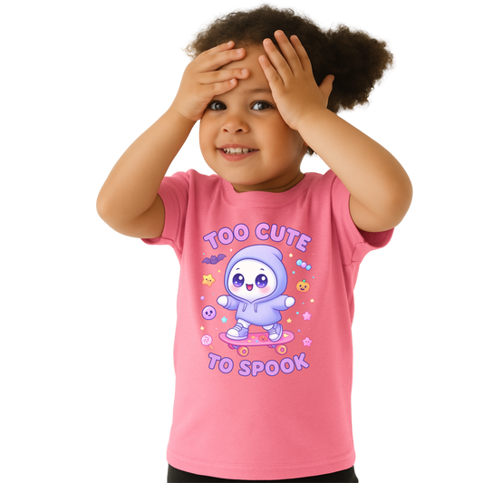 Too Cute To Spook Toddler Short Sleeve Tee – Kawaii Ghost Skateboard Halloween Shirt