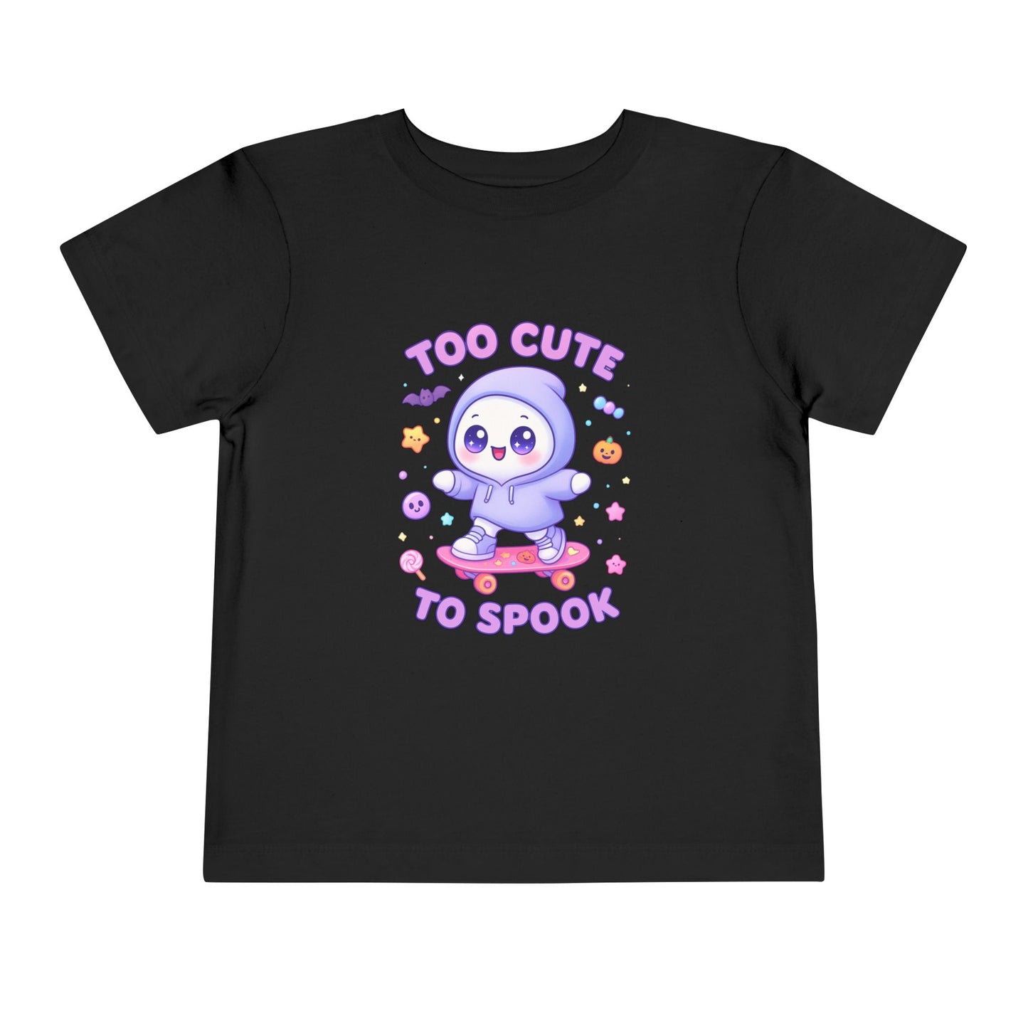 Too Cute To Spook Toddler Short Sleeve Tee – Kawaii Ghost Skateboard Halloween Shirt
