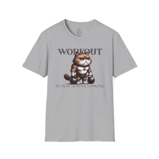 Workout Cat T-Shirt – “Because Murder Is Wrong” Funny Gym Tee