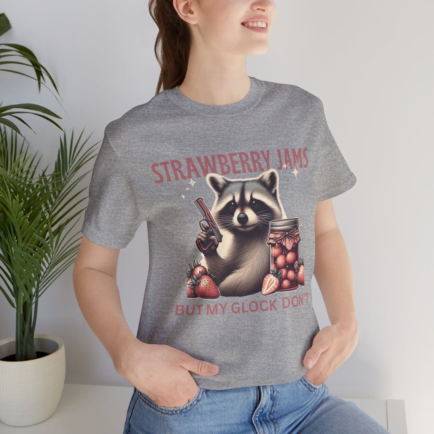 Strawberry Jams But My Glock Don’t – Funny Raccoon Gun T-Shirt