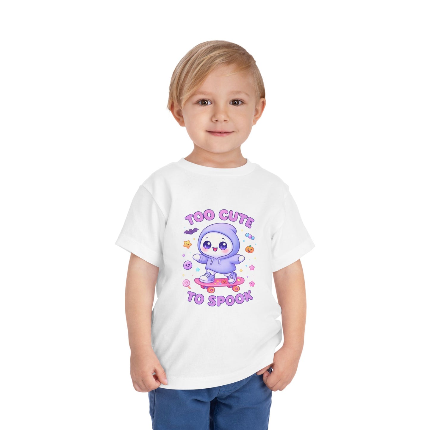 Too Cute To Spook Toddler Short Sleeve Tee – Kawaii Ghost Skateboard Halloween Shirt