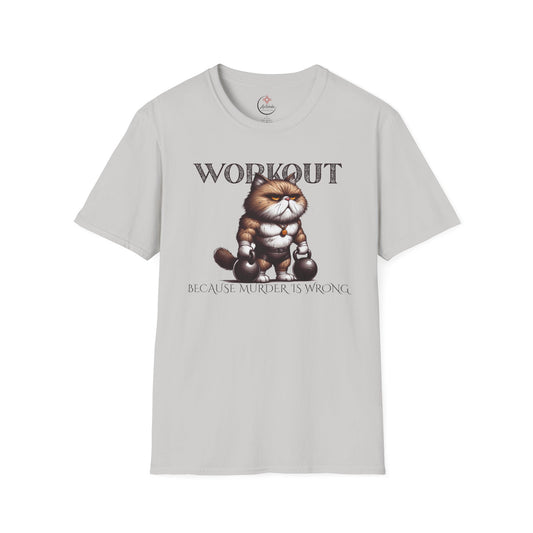 Workout Cat T-Shirt – “Because Murder Is Wrong” Funny Gym Tee