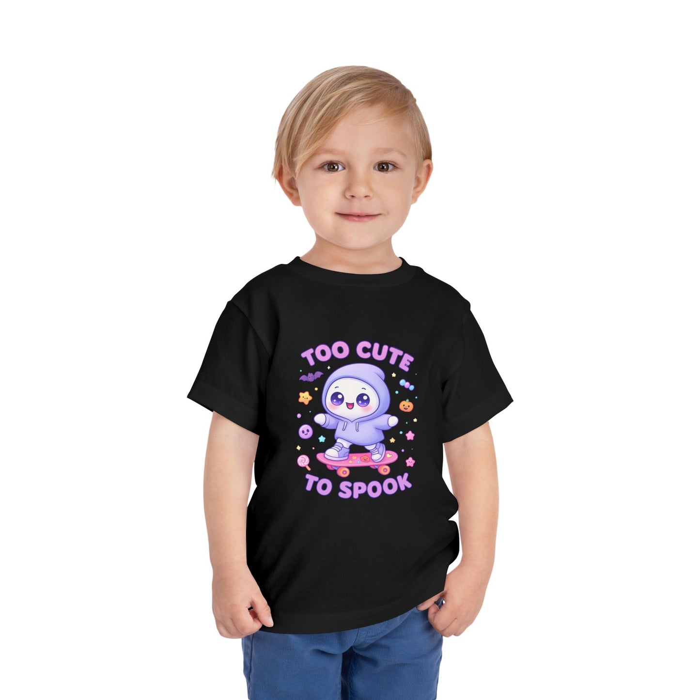 Too Cute To Spook Toddler Short Sleeve Tee – Kawaii Ghost Skateboard Halloween Shirt